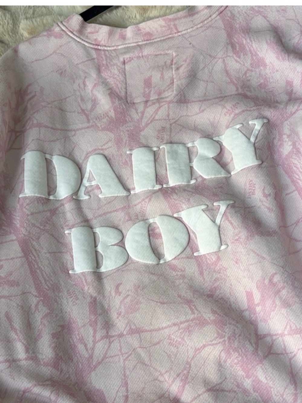 Dairy Boy Pink Camo Sweatshirt Crewneck with White Puffy Letters